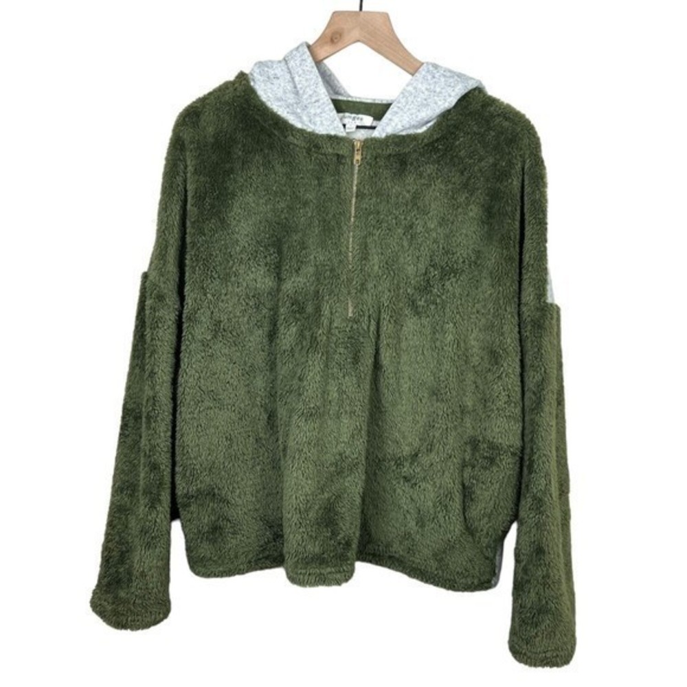 Umgee Womens  Green Teddy Gray Knit Colorblock Half Zip Hooded Sweatshirt Large‎